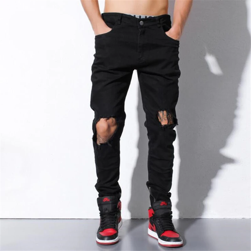Проблемные мужчины черные джинсы slim fit мужские штаны разорвал лодыжки молния