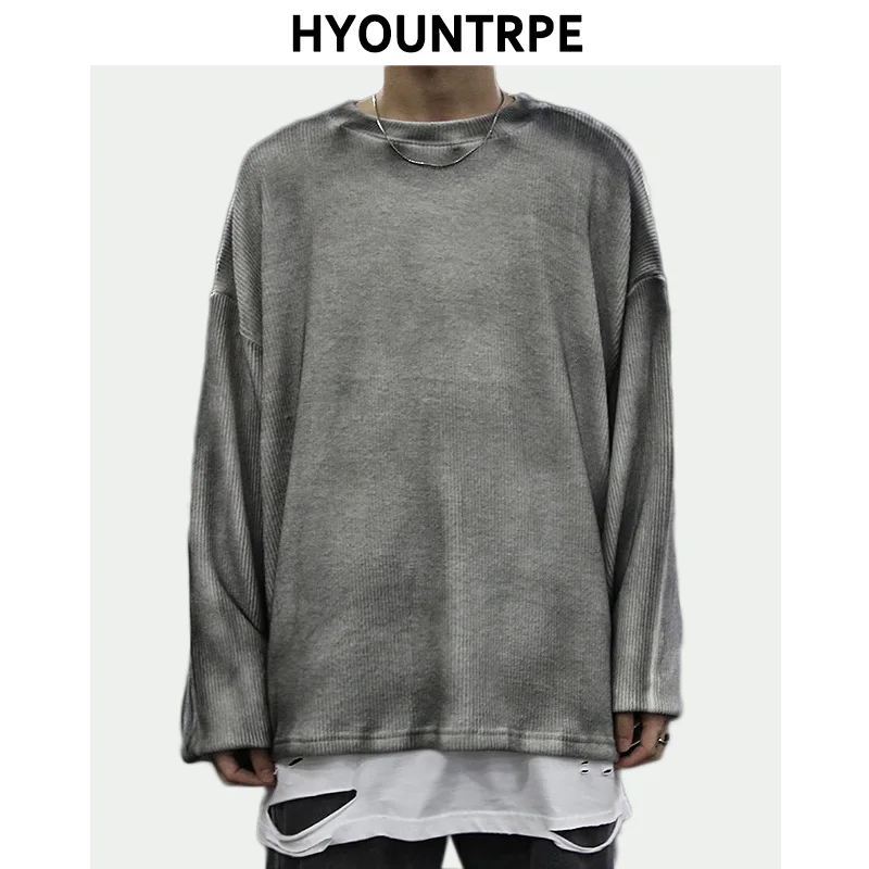 

High Street Vintage Wash Sweater Men Loose Knitted Pullovers Long Sleeve Hip Hop Oversize Sweaters Autumn Casual Jumper Knitwear
