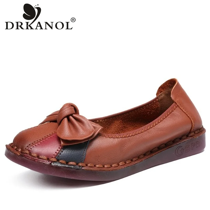 

DRKANOL Handmade Casual Shoes Woman Flat Loafers Genuine Leather Slip On Flats Shallow Non Slip Mother Driving Shoes Big Size 41