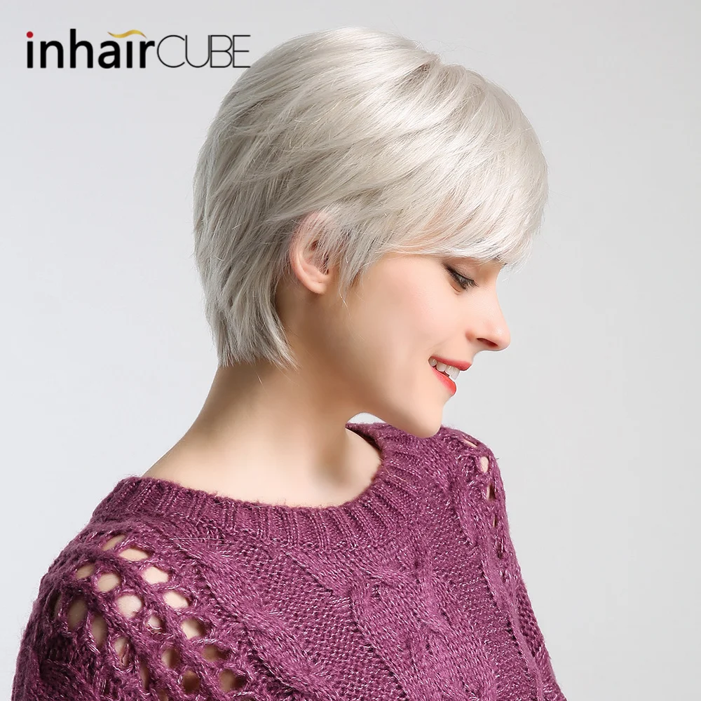 INHAIR CUBE 6 &quotСерый Белый 50% синтетические + человеческие волосы натуральные прямые