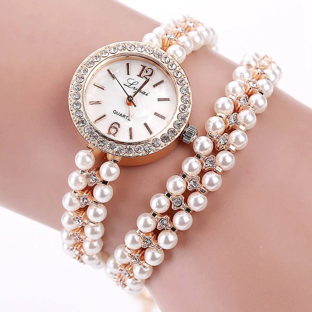 Gold silver women Watches Alloy Pearl Luxury Gemstone Bracelet