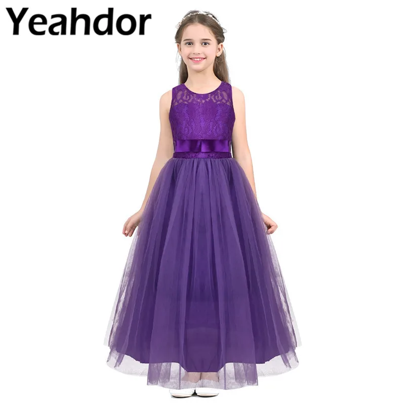 

Kids Girls Bowknot Sleeveless Ankle Length Floral Lace Tulle Flower Girl Dress Princess Pageant Wedding Birthday Party Dress