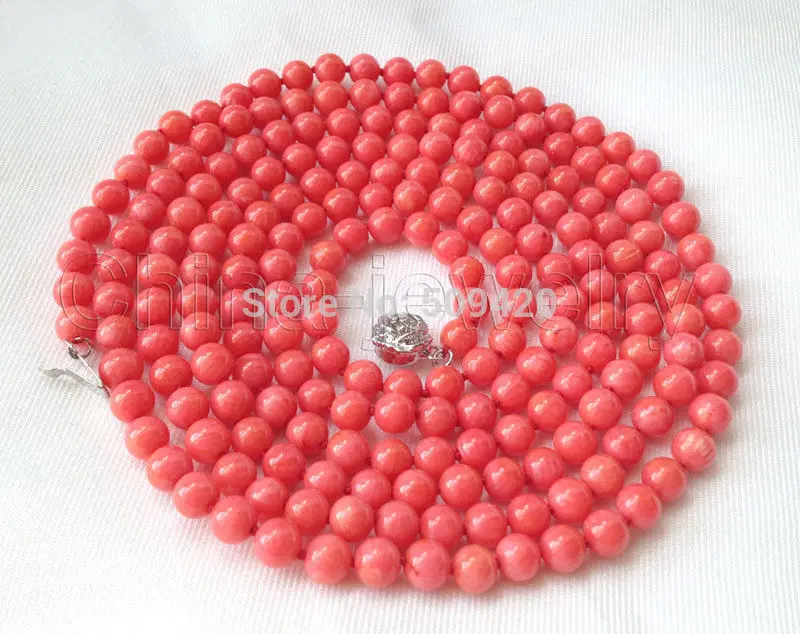 

W&O655 >Beautiful 52" 6mm round dark pink coral necklace - GP clasp #@
