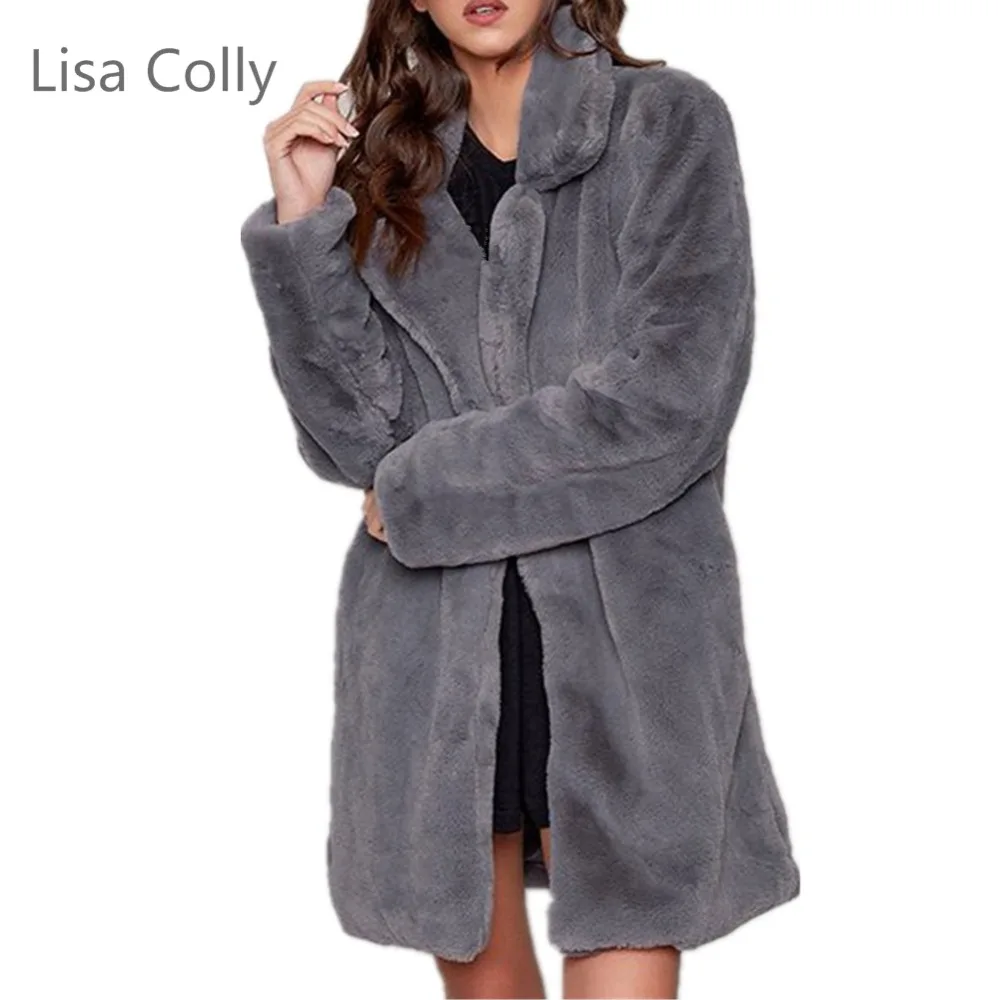

Lisa Colly New Faux Rabbit Fur Coat Jacket Women Winter Long Sleeves Soft Artifical Fur Coat Overcoat Long Fox Fur Coat Jackets