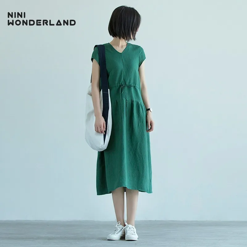 Женское платье на шнуровке NINI WONDERLAND повседневное однотонное льняное длинное