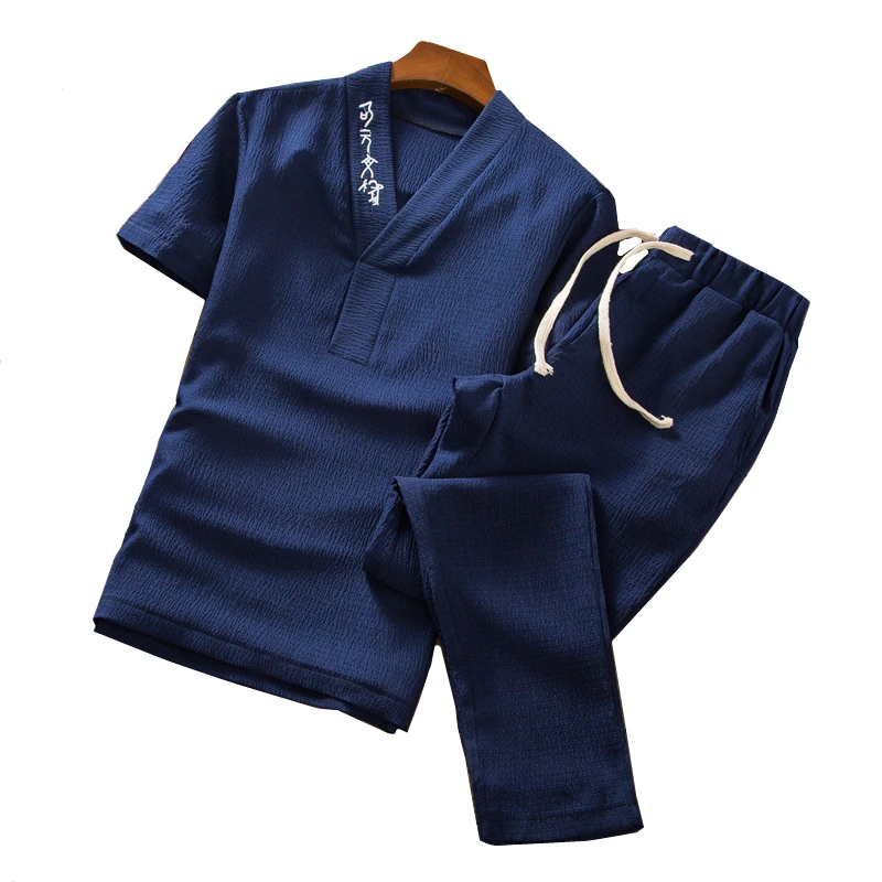  Summer Men Short Sleeve tshirt and Drawstring Lace Pants Pure Color Embroidered Men Two-Piece Set