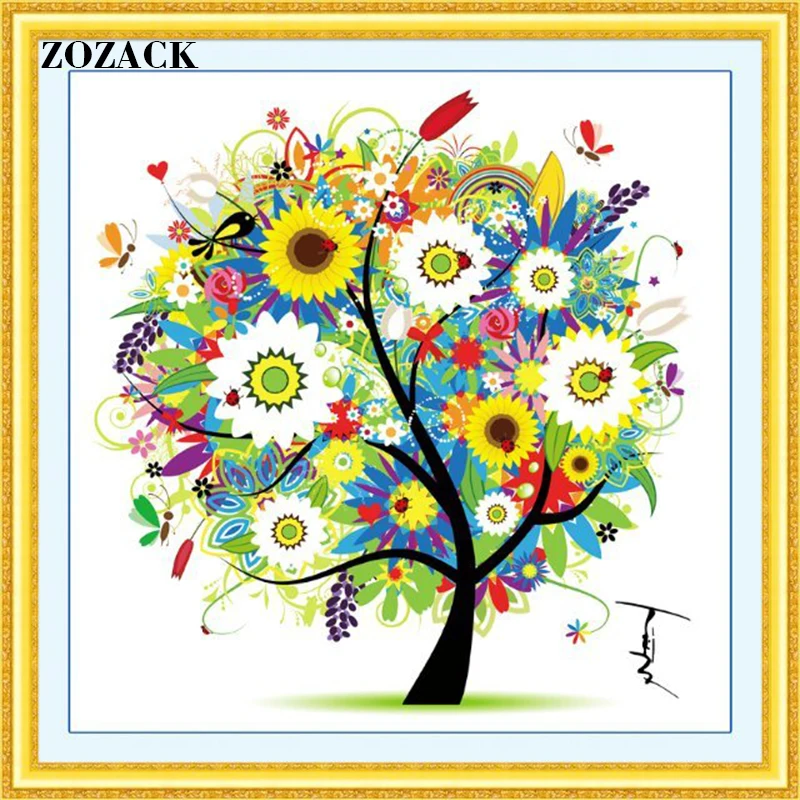 

Zozack,Needlework Dmc Cross Stitch Kit Spring, summer, autumn, winter,tree,patterns chinese Counted Cross Stitch embroidery Sets