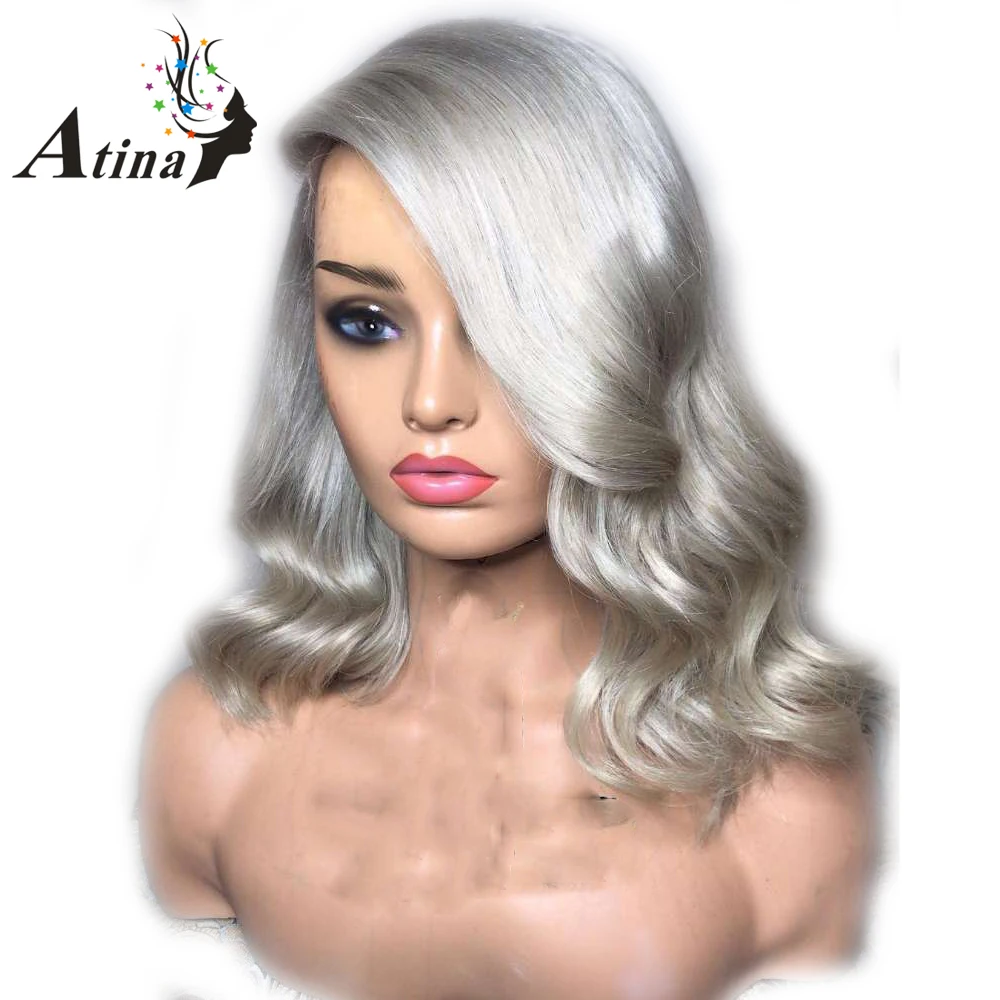 Grey Color Lace Front Human Hair Wigs 130% Density Brazilian Remy Hair