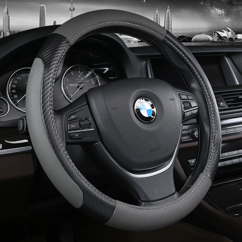 

KKYSYELVA New Leather Car Steering Wheel Cover Red 38cm Diameter Universal Size Car inner accessories Auto wheel covers