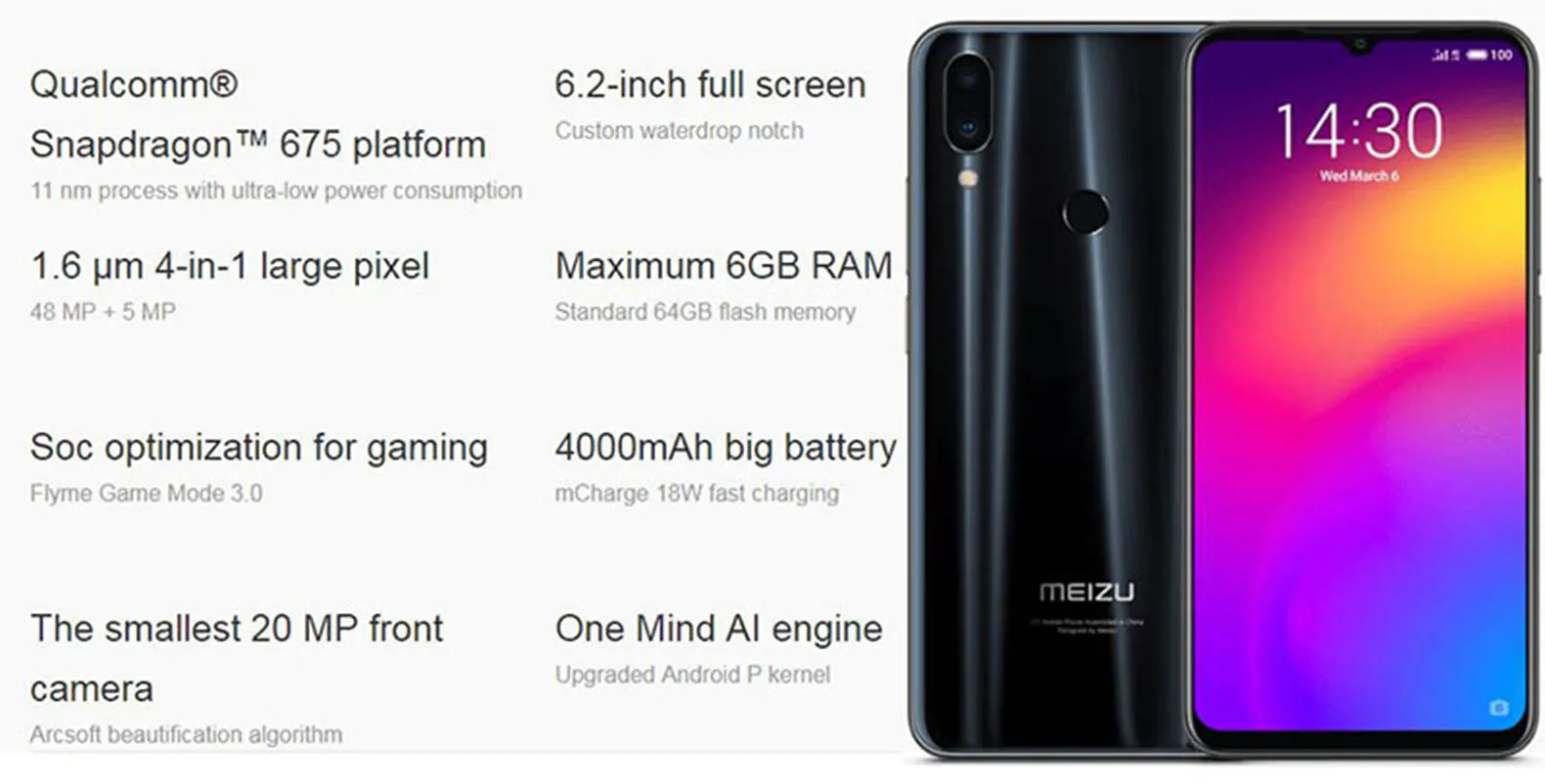 meizu Note 9, камера 675 МП, 4 Гб ОЗУ, 64 Гб ПЗУ, 4G LTE Snapdragon 6,2, четыре ядра, 2244 дюймов, 1080 x p, FHD, отпечаток пальца