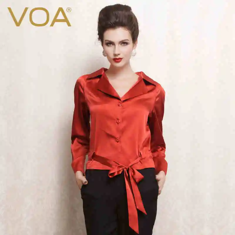 VOA Лето новые женские Красные эластичные атласная шёлковая рубашка женские с длинными рукавами ремень Топ B1072