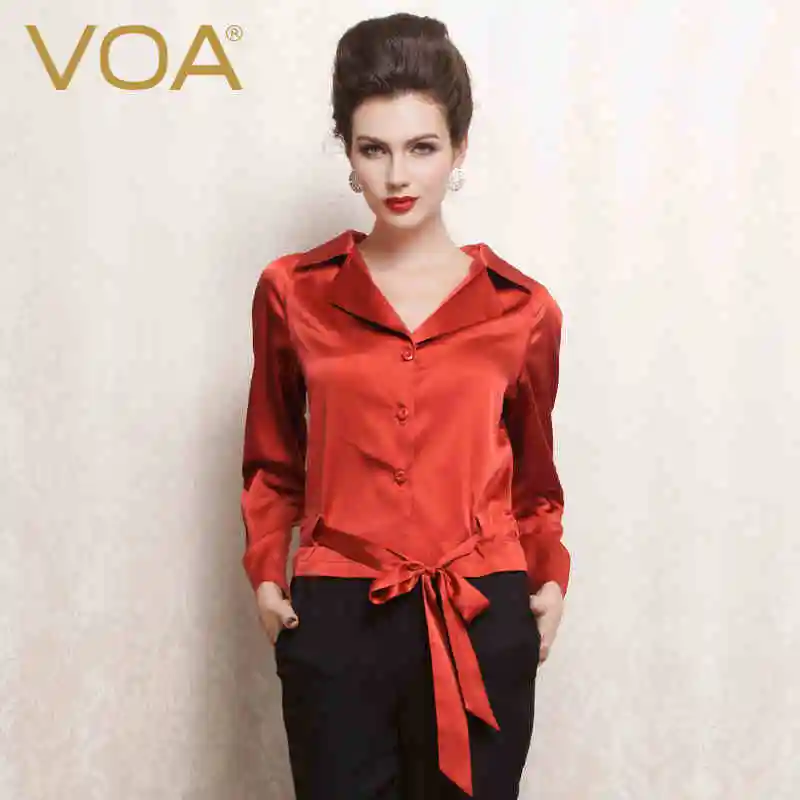 

VOA Summer 2017 New Women Red Stretch Satin Silk Shirt Female Long Sleeved Belt Top B1072