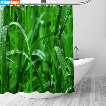 

Grass Water Drops Pattern Decor Curtains Polyester Bathroom Waterproof Shower Curtain With Plastic Hooks 180X200cm