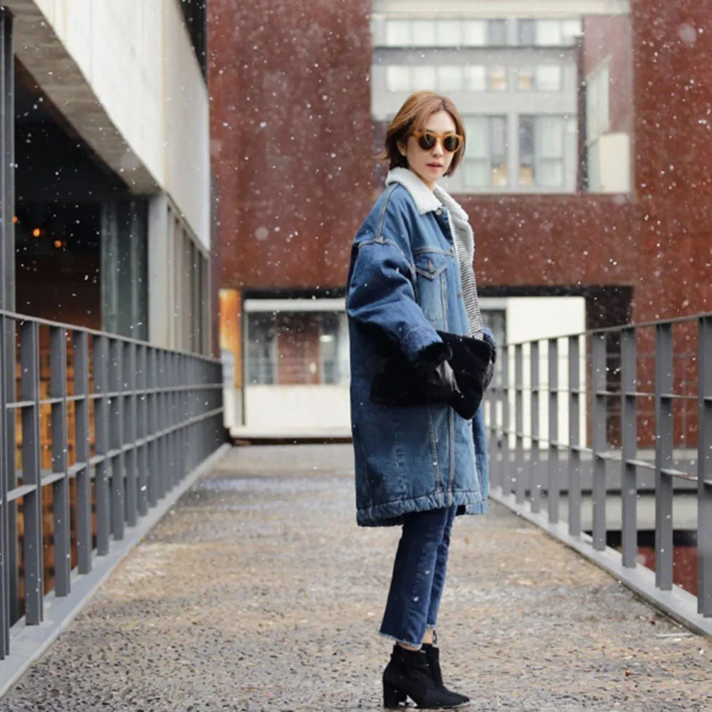 New  Women Warm Winter Long Sleeve Denim Jacket Pockets Long Jean Coat Outwear Overcoat casaco feminino 