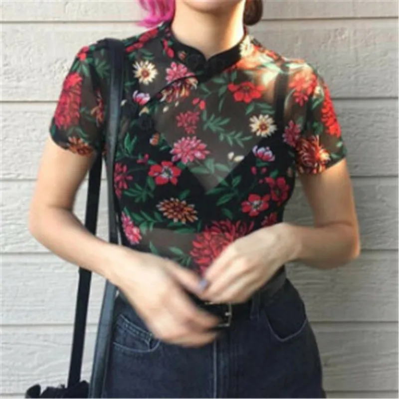 

Black Boho Floral Print Short Sleeve Tank Women Tops Blouses 2019 Chinese Style Lady Camis Tops Vacation Mesh Tops Female Blouse