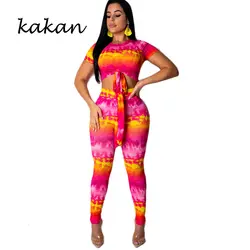 Kakan летние новые женские принт плотно Боди tie-dye из двух частей Большие размеры костюм сексуальный комбинезон