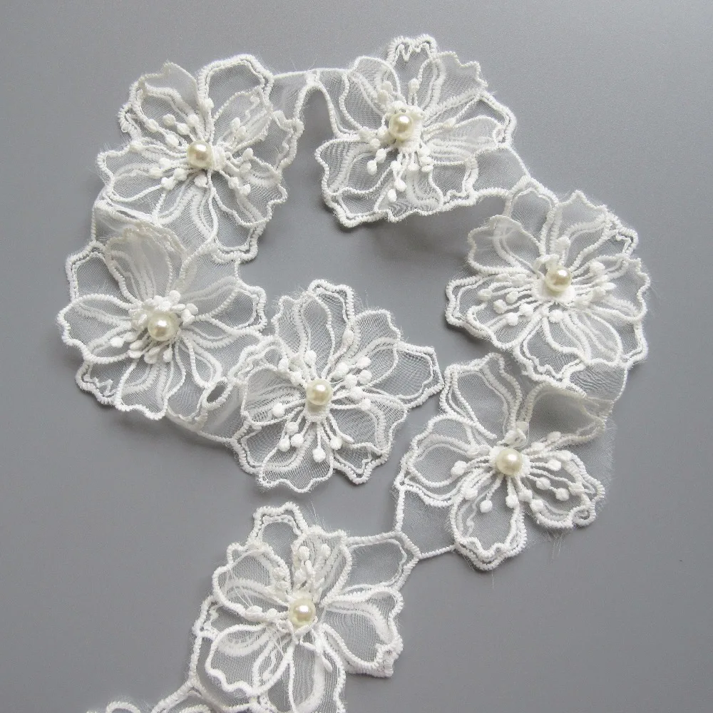 

2 yards White Pearl Flower Handmade Beaded Embroidered Net Lace Edge Trim Ribbon Double Layered Applique Dress DIY Sewing Craft