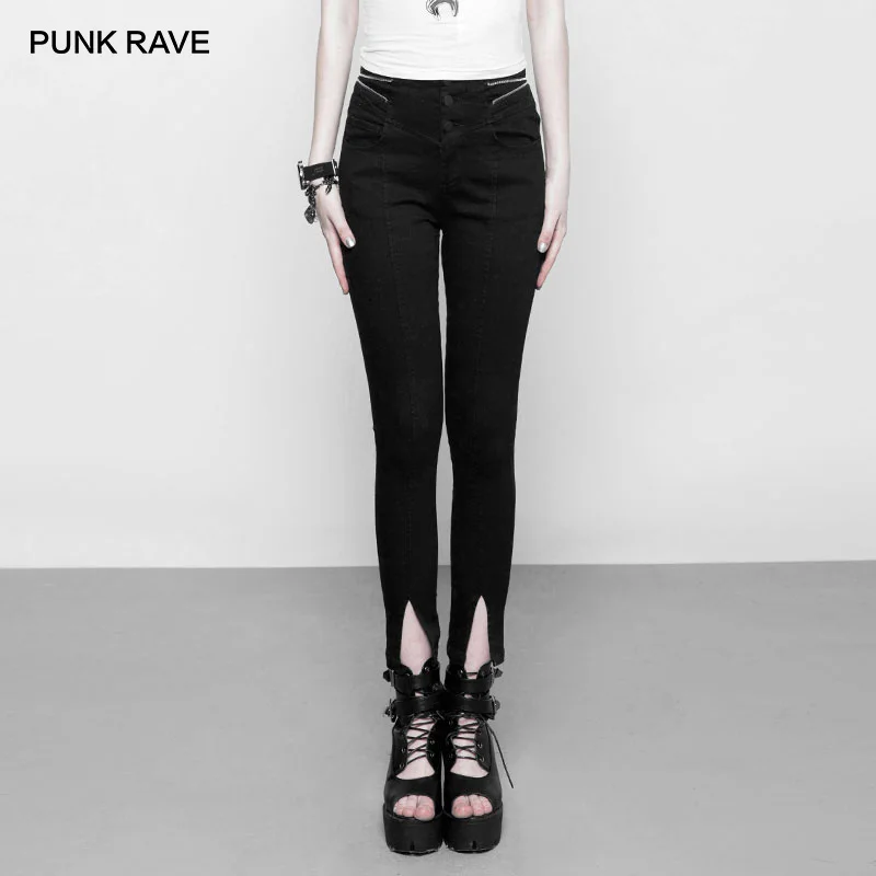 

PUNK RAVE New Punk Style High Waist Zipper Opening Fork Nine Points Women's Black Trousers Skinny Harajuku Jeans Pants Women