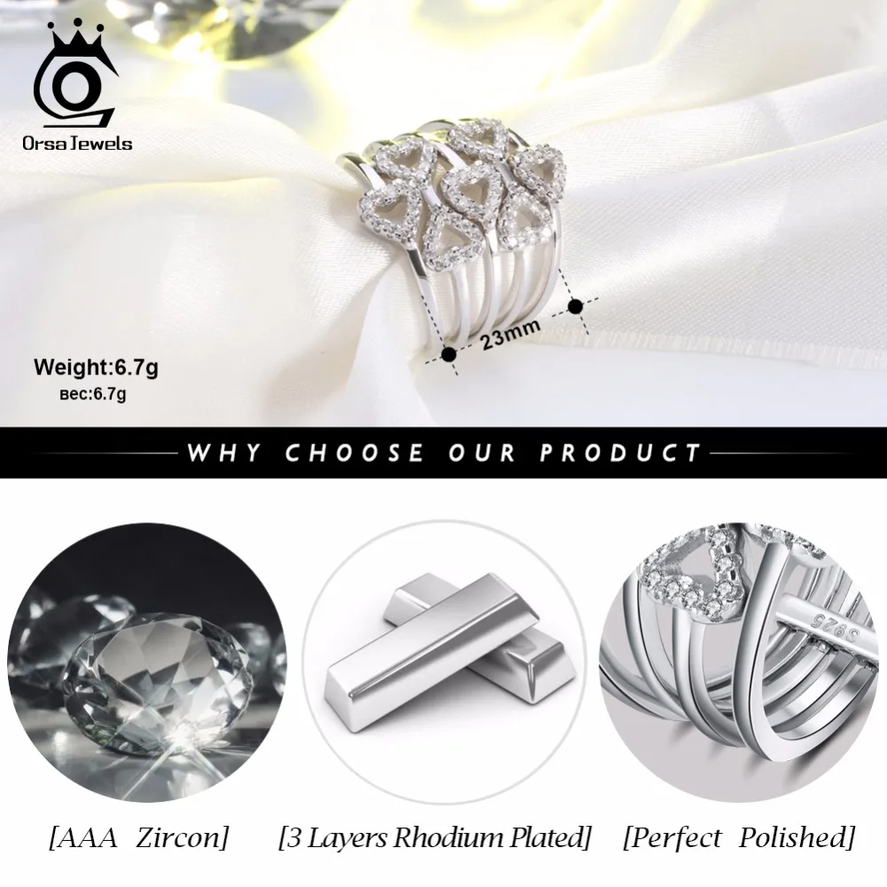 ORSA JEWELS Adjustable Rings For Women Heart Shape AAA Cubic Zircon Silver Color Fashion Ring For Female Jewelry Girl Gift AOR87