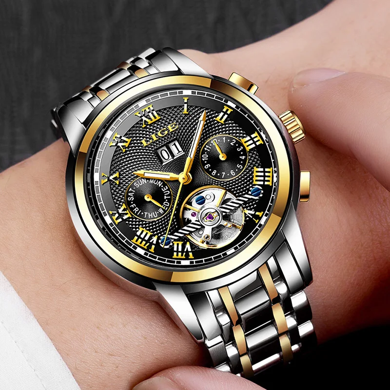 Relogio Masculino LIGE Mens Watches Top Brand Business Automatic Mechanical Watches Mens Stainless Steel Waterproof Sport Watch