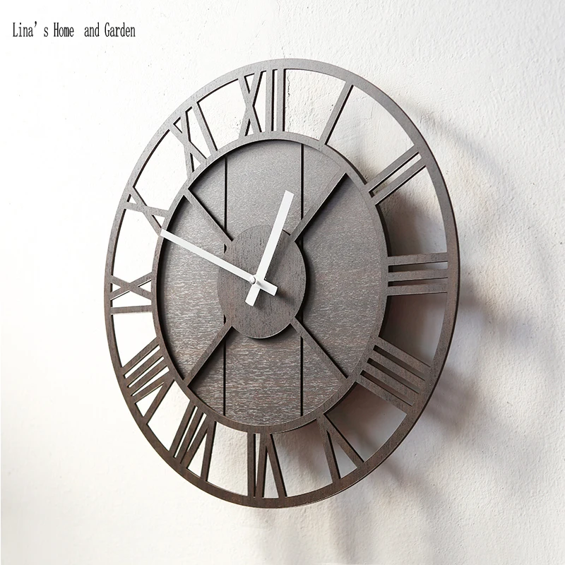 battery operation 16 inches round roman numeral wooden vintage wall clock (5)