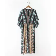 Bohemian Women V Neck Tropical Floral Print Dresses Embroidery Patchwork Empire Holiday Long Dress Maxi Chiffon Vestiods Casual