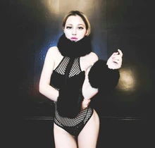 2016 New Design Black Net Perspective Hollow Bodysuit Costume Ds Singer Stage Performance One Piece Sexy Dress Dancewear Outfit