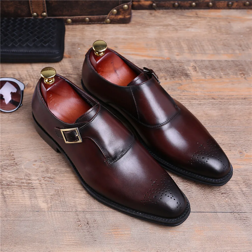 Goodyear Welt/коричневые/черные модельные туфли на выпускной для мальчиков; деловые туфли из натуральной кожи с ремешками; мужские туфли для жениха