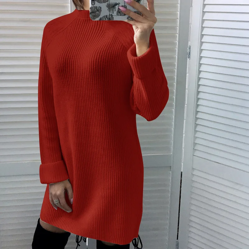 Comprar Blanco negro rojo cuello de tortuga elegante de punto Otoño Invierno vestidos 2018 mujeres de manga larga sólido suelto casual sexy mini vestido