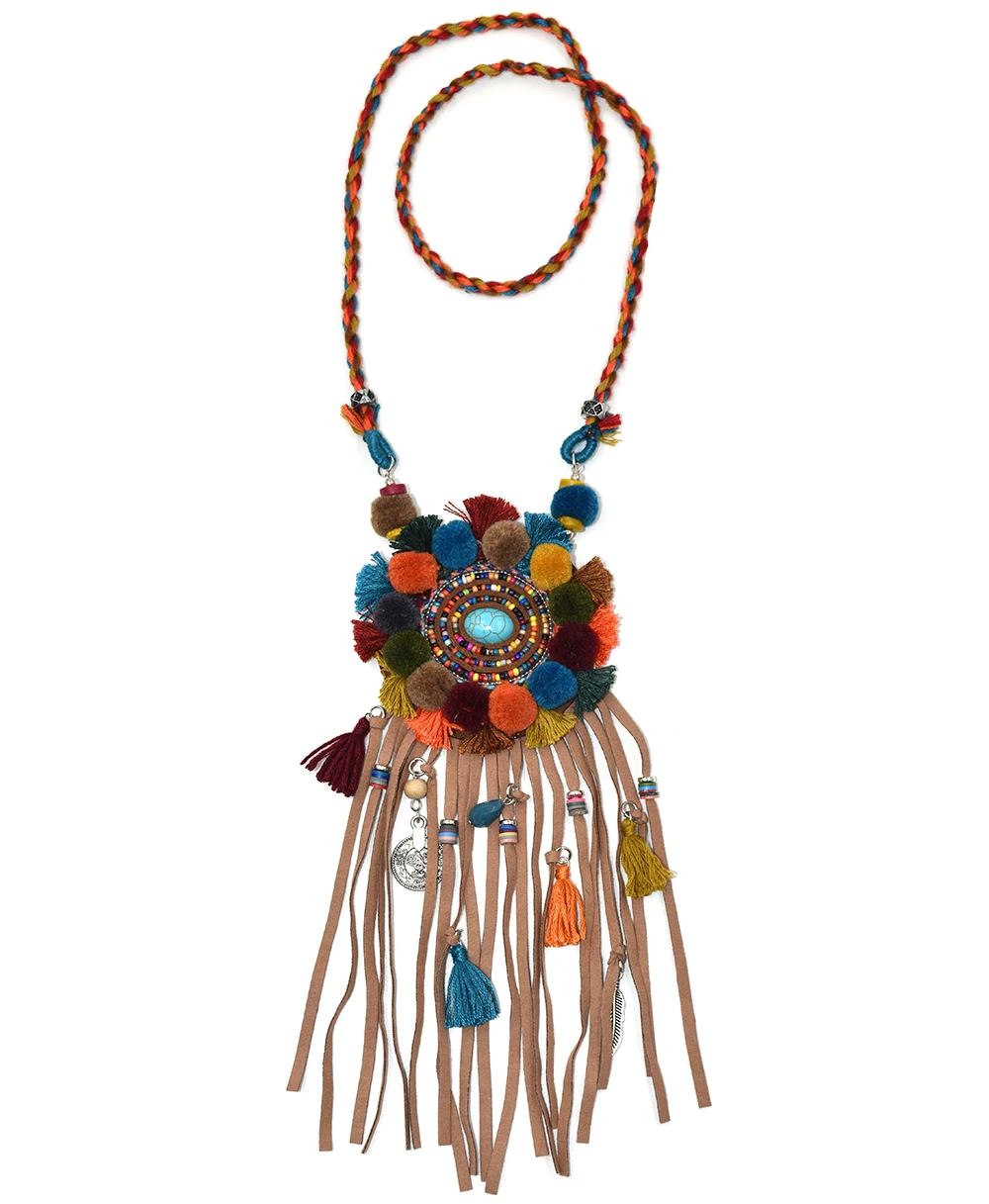 2017 New Bohemian handmade leather tassel colorful pompous pendents unique boho Chic long Necklaces