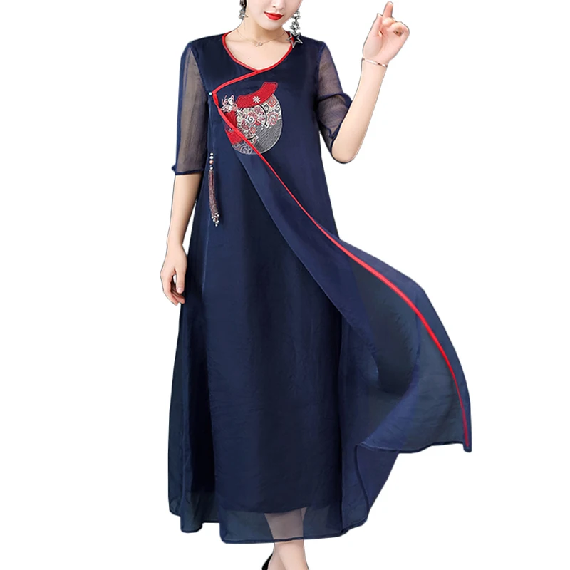 

Plus size 4XL oraganza silk dress women 2019 summer ethnic embroidery tassel long maxi dresses female split big swing vestido