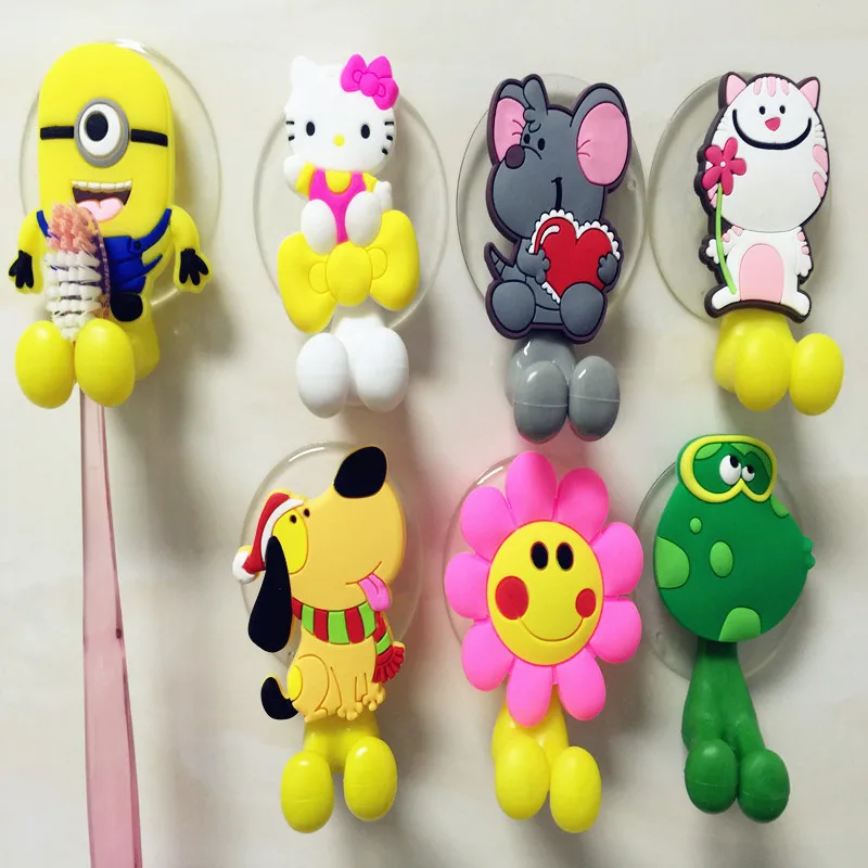 Multifunctional Cute Cartoon Minion Kitty suction cup Toothbrush Holder Hooks Bathroom Accessories 24 Colors Free Shipping