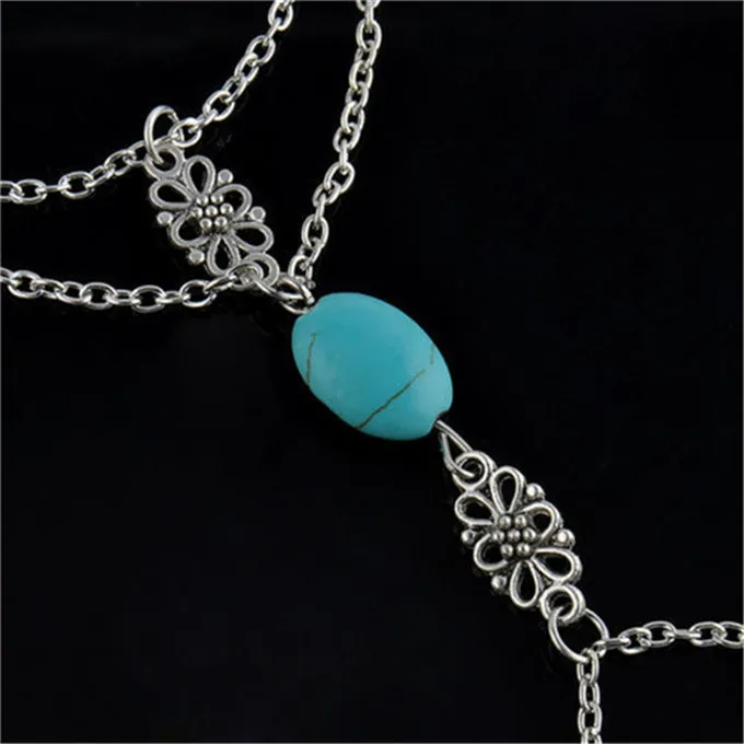 Fashion Chain Bracelet Drop Punk Silver Plated Women Metal Hand Harness Chain Beads Finger Ring Boho Jewelry