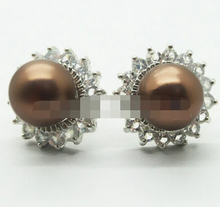 

free shipping 07248 Brown Round South Sea Shell Pearls Inlay Austrian Crystal Stud Earrings