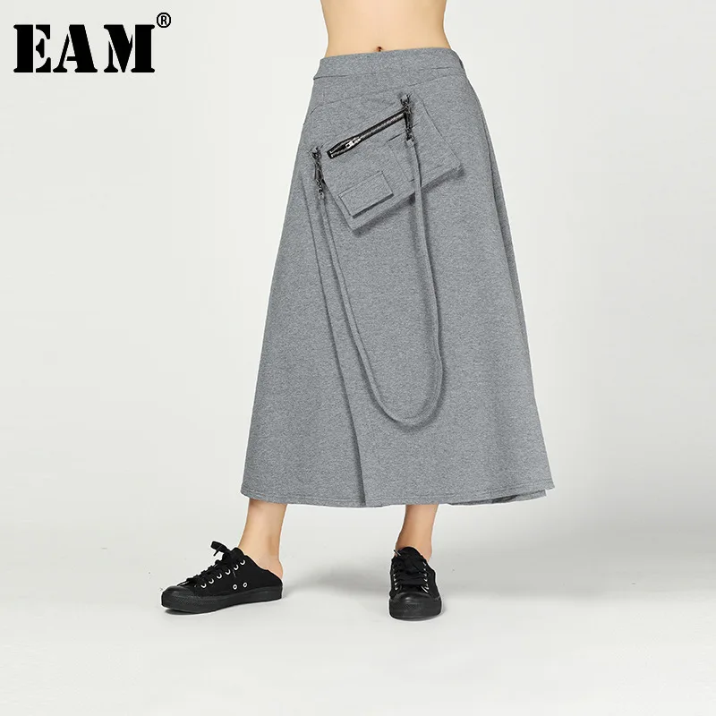 

[EAM] 2019 New Spring Summer High Elastic Waist Gray Pocket Personality Split Joint Loose Half-body Skirt Women Fashion JL613