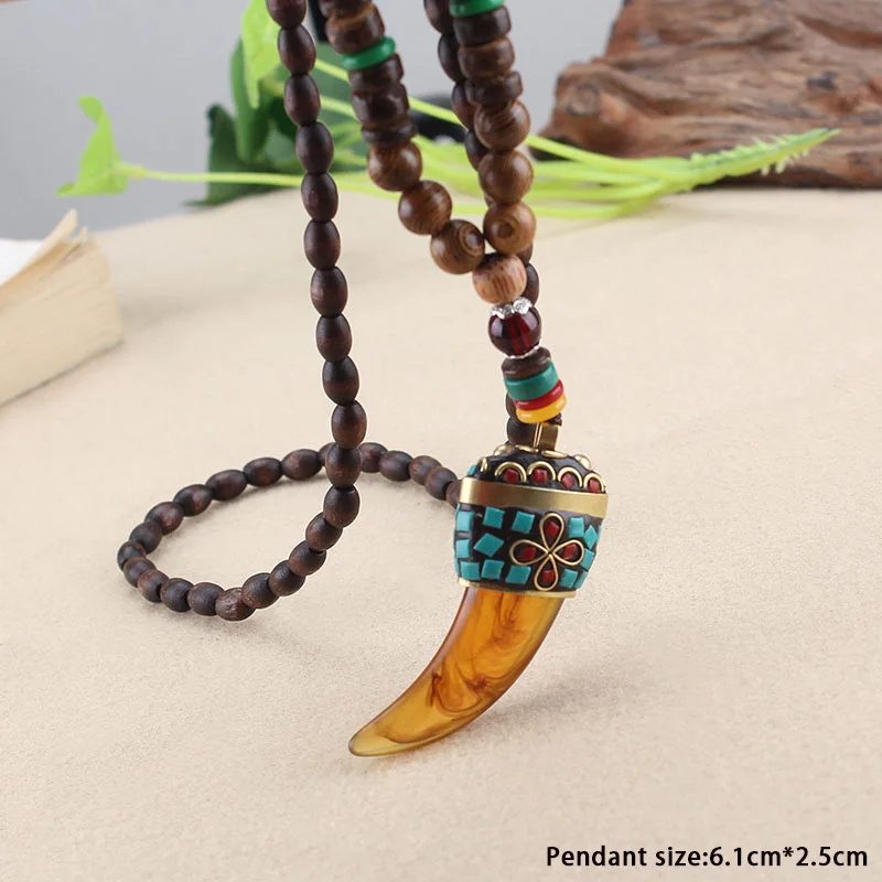 Tibetan Buddhist Mala Wood Beads Necklace Vintage Nepal Charm Ox Horn Pendant Necklace Women Meditation Rosary Necklace Dropship