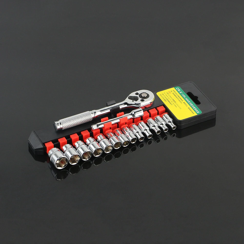 15 pieces 1/4" 4 14mm Socket Wrench Set Head Metric Socket Kit Bolt