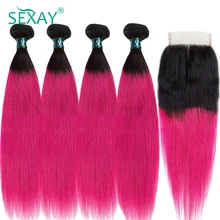 SEXAY-extensiones de cabello humano degradado, 4 mechones con cierre, raíces oscuras, pelo liso brasileño degradado rosa, Remy