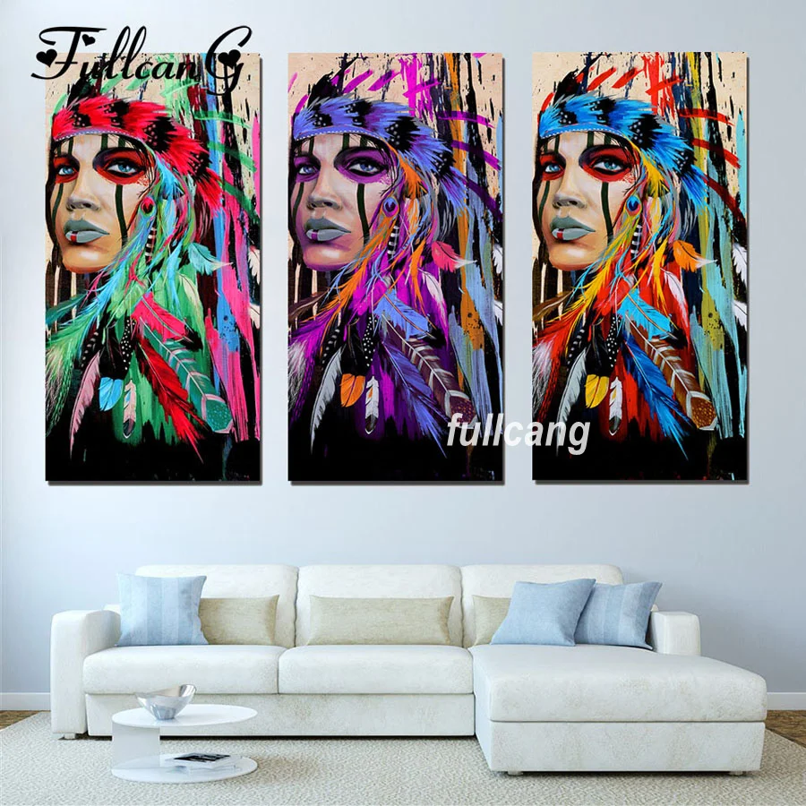 

FULLCANG Diy Full Square Diamond Embroidery American Indians Diamond Painting Cross Stitch Triptych Mosaic 5D Needlework D509