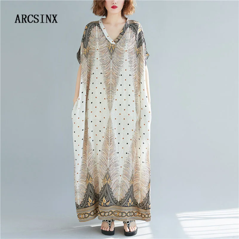 

ARCSINX Boho Maxi Dress Women Big Size 7XL 8XL Fashion Print V-Neck Summer Dresses Woman Oversized Behomian Long Dress Woman