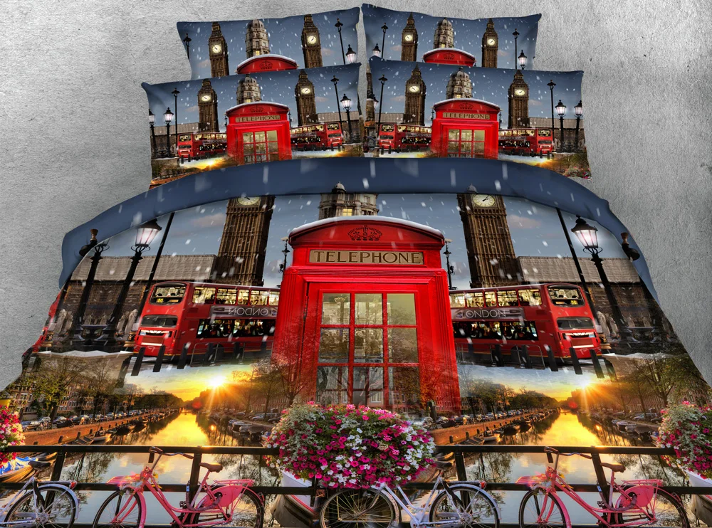 

JF-327 Classical London red double Decker bus printed bed linen 4pcs big ben duvet quilt covers super king size bedding set 3d