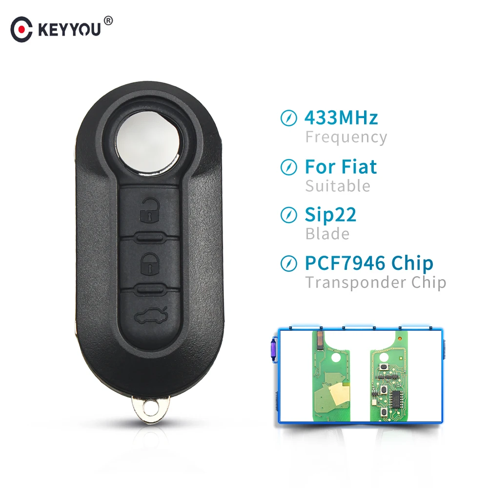 

KEYYOU 3 Button Flip Folding Car Remote Control Auto Key 433Mhz PCF7946 Chip for Fiat 500 Panda Punto Bravo Grande Uncut Blade