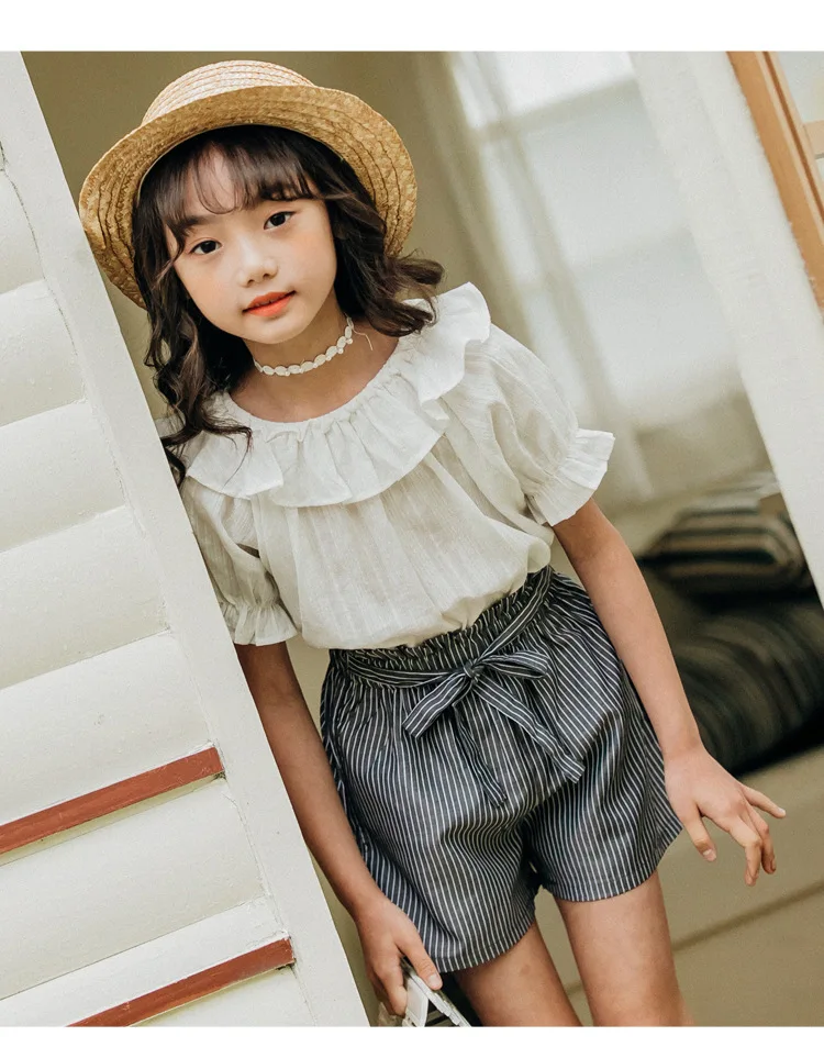 Big Kids Clothing Sets 2019 Summer Cotton Teenage Girls Set 2PCS Ruffles Collar White Shirts Tops + Striped Shorts Outfits Cute 3 4 5 6 7 8 9 10 11 12 13 14 15 years little 2 pcs girls clothes fashion girls clothes (3).jpg