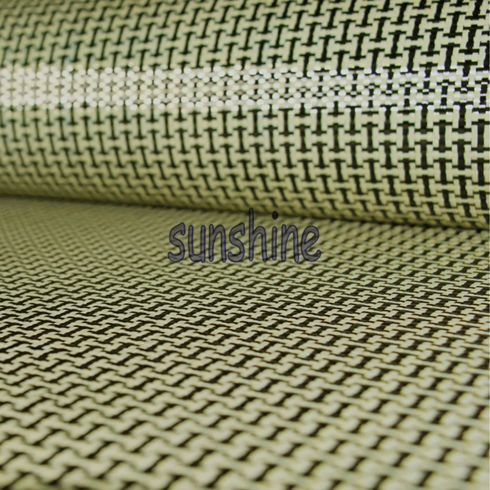 Tanie 185gsm Carbon włókno aramidowe tkanina hybrydowa zwykły tkany w kształcie litery I kwadratowy materiał żółty