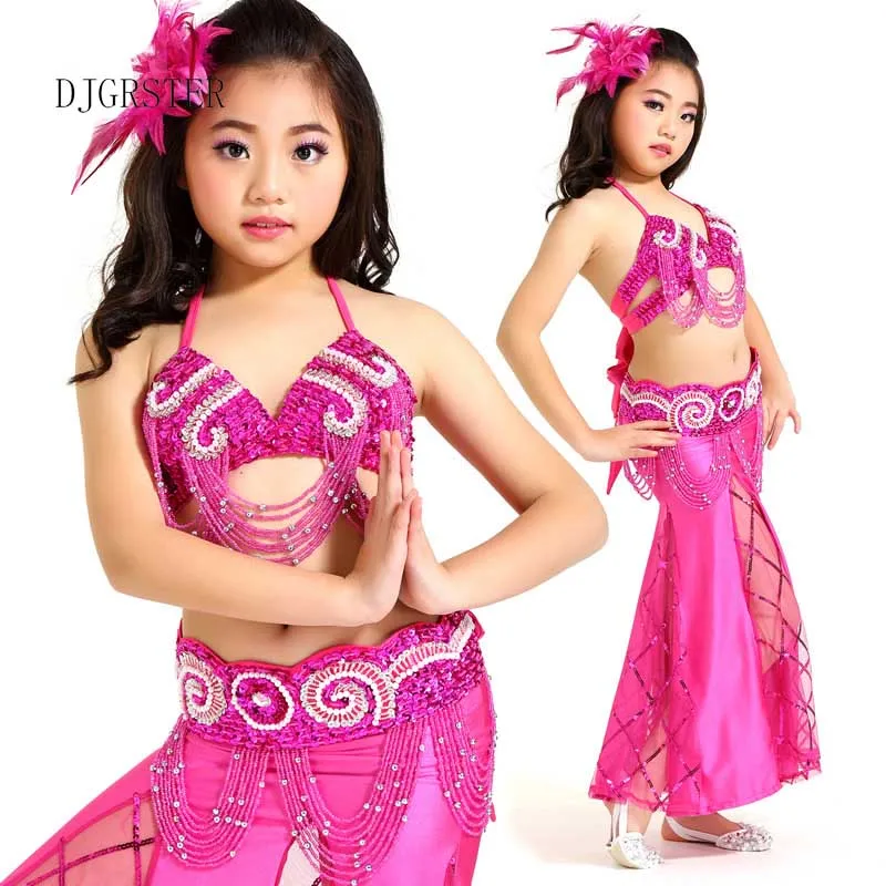 

DJGRSTER Belly Dance Children Indian Costume Set 3-pieces (Top+Belt+dress) Bollywood Dance Costumes for Girls Kids bellydance