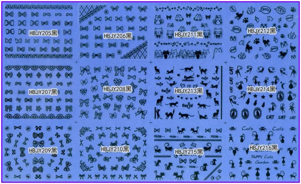 12 шт./лот, самоклеющиеся 3D наклейки для ногтей, татуировки, белый, черный, золотой, серебряный кот, котенок, галстук-бабочка, HBJY205-216 - Цвет: HBJY205-216K