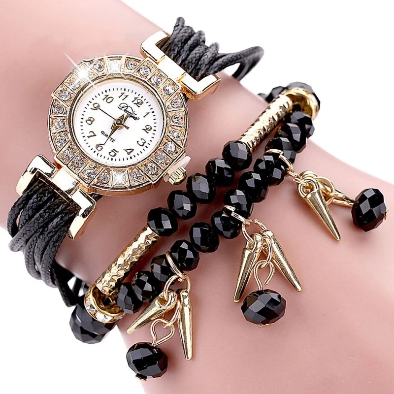 

Luxury Women Bracelet Quartz Watches Beads Pendant Chain Watch PU Leather Rhinestone Fashion Watches