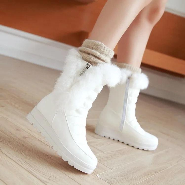 

2018 new rabbit fur tube boots low heel wedges warm snow boots waterproof platform casual boots.