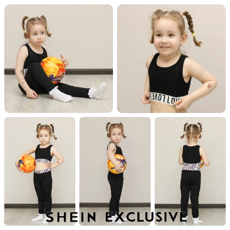 SHEIN/черный укороченный топ с буквенным принтом и штаны; Одежда для девочек; комплект из двух предметов; коллекция года; одежда для активного отдыха; модная детская одежда без рукавов