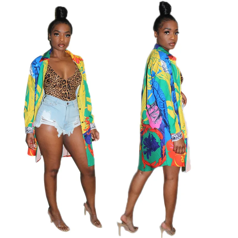 

2019 Summer Autumn Multicolored Printing Long Sleeves Women Long Shirt Blouse Lapel Neck Fashion Shirts Outwear Casual Tops